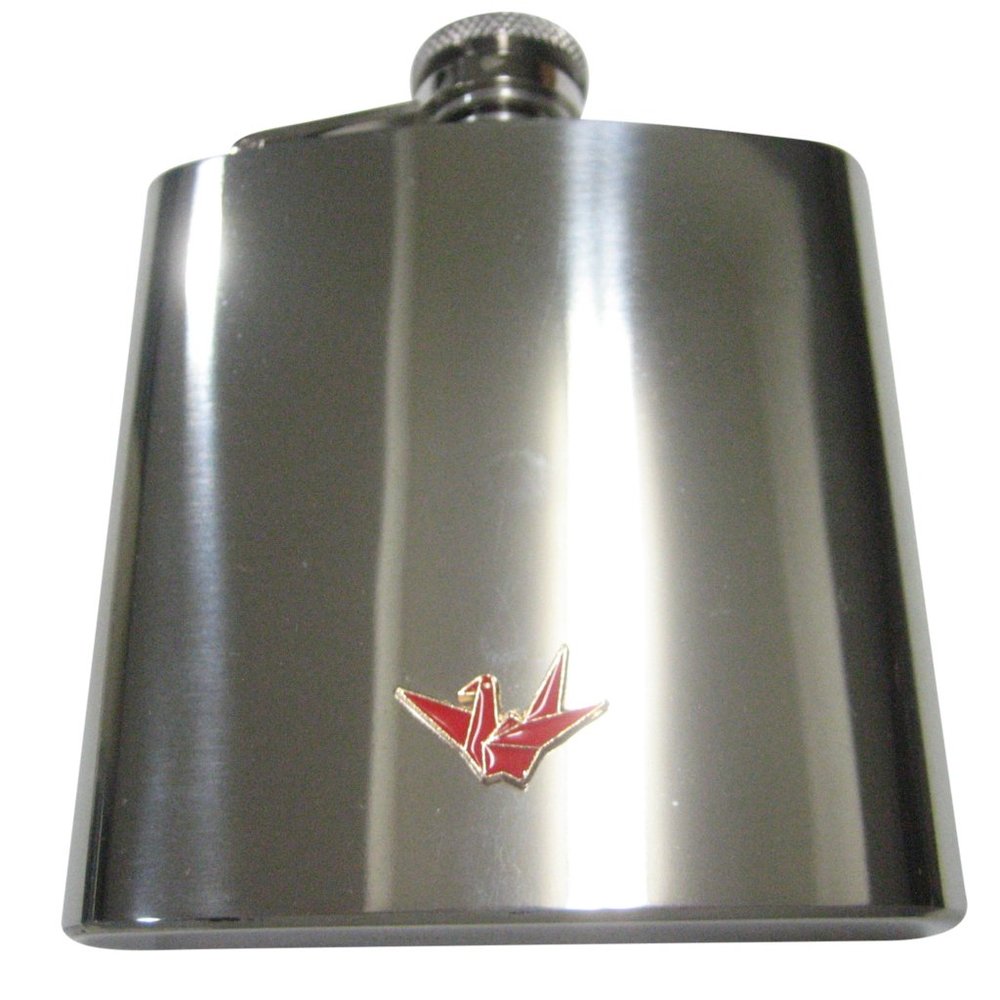 Red Toned Origami Crane Bird 6oz Flask